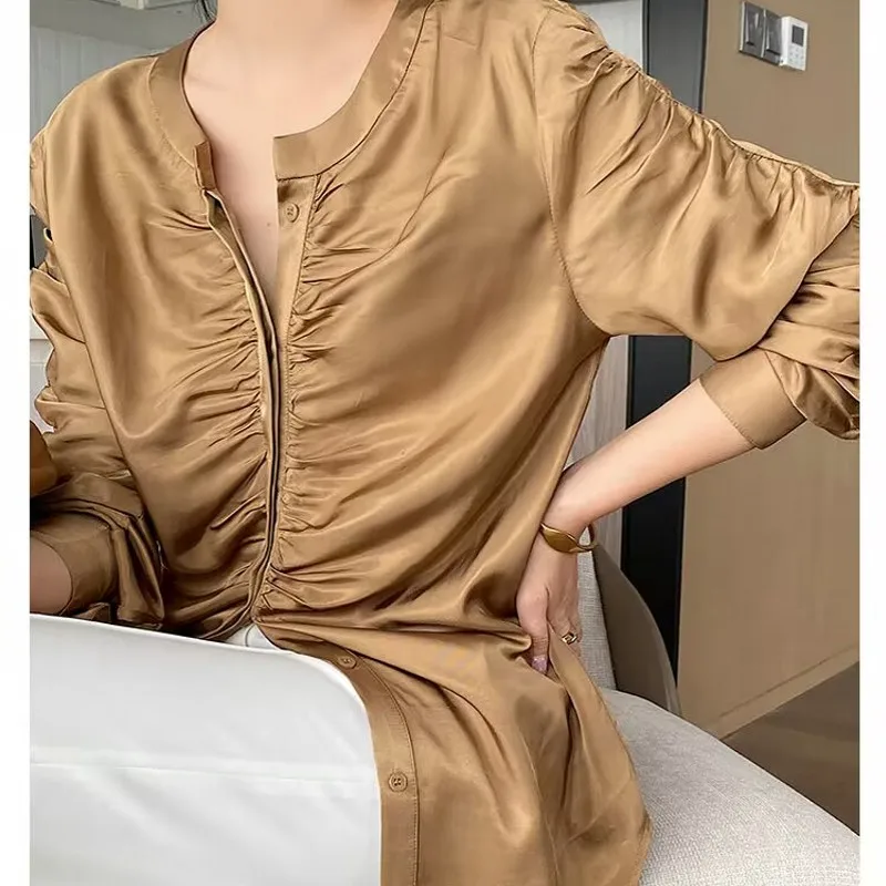 Autumn Fashion Satin Silver Blouse Women 2024 New Causal Chic Tops Korean Fashion Long Sleeve Turn-down Collar Shirts