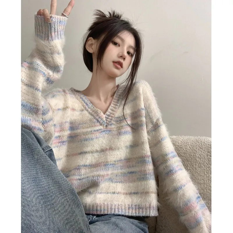 Colourful Striped V Neck Sweater Women Autumn New Long Sleeve Knitshirts Loose Soft Ladies Short Pullover Knitted Tops