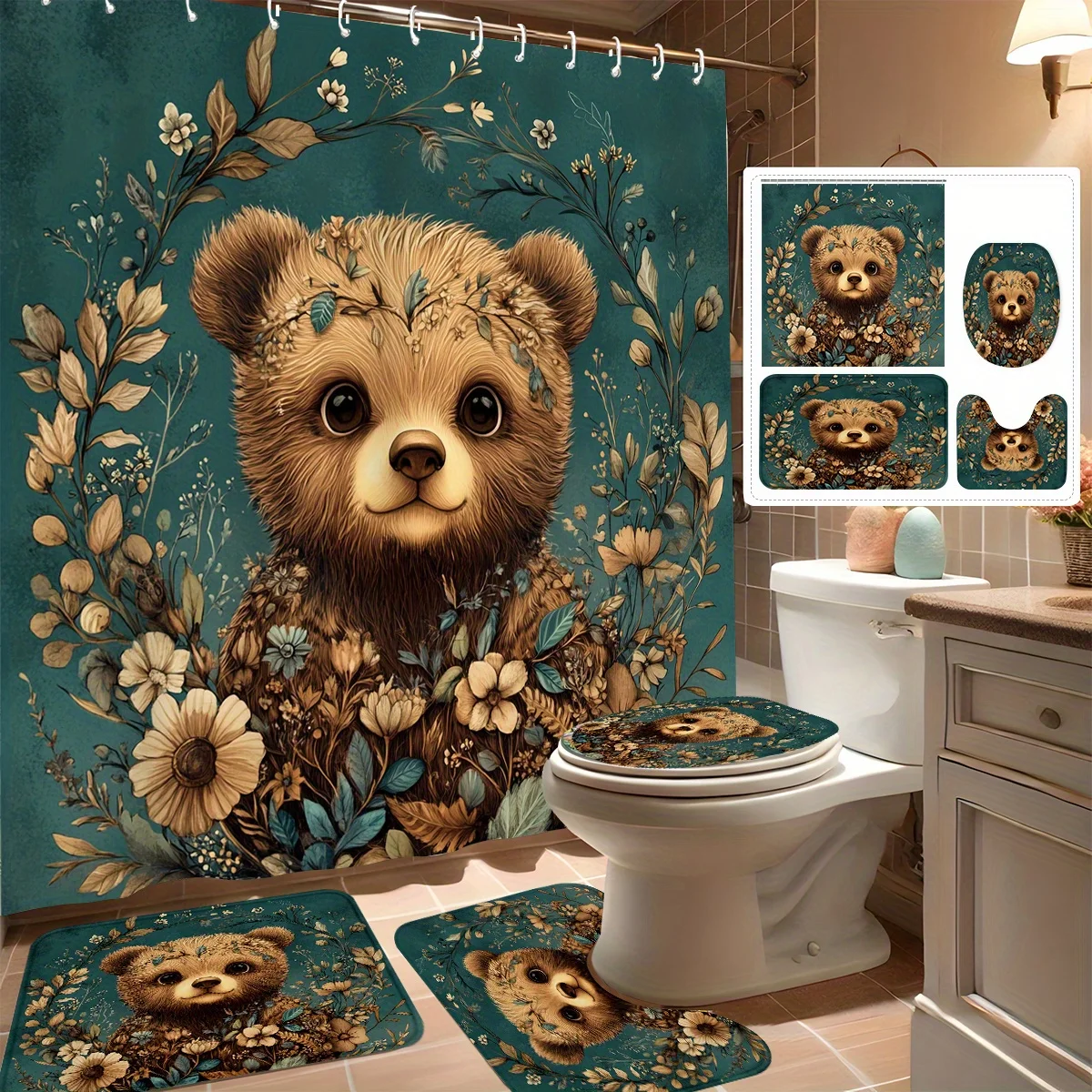 

4pcs Shower Curtain Set, Cute Bear with Floral Wreath Design, Modern Bathroom Decor, Includes 12 Hooks, Non-Slip Bath Mat