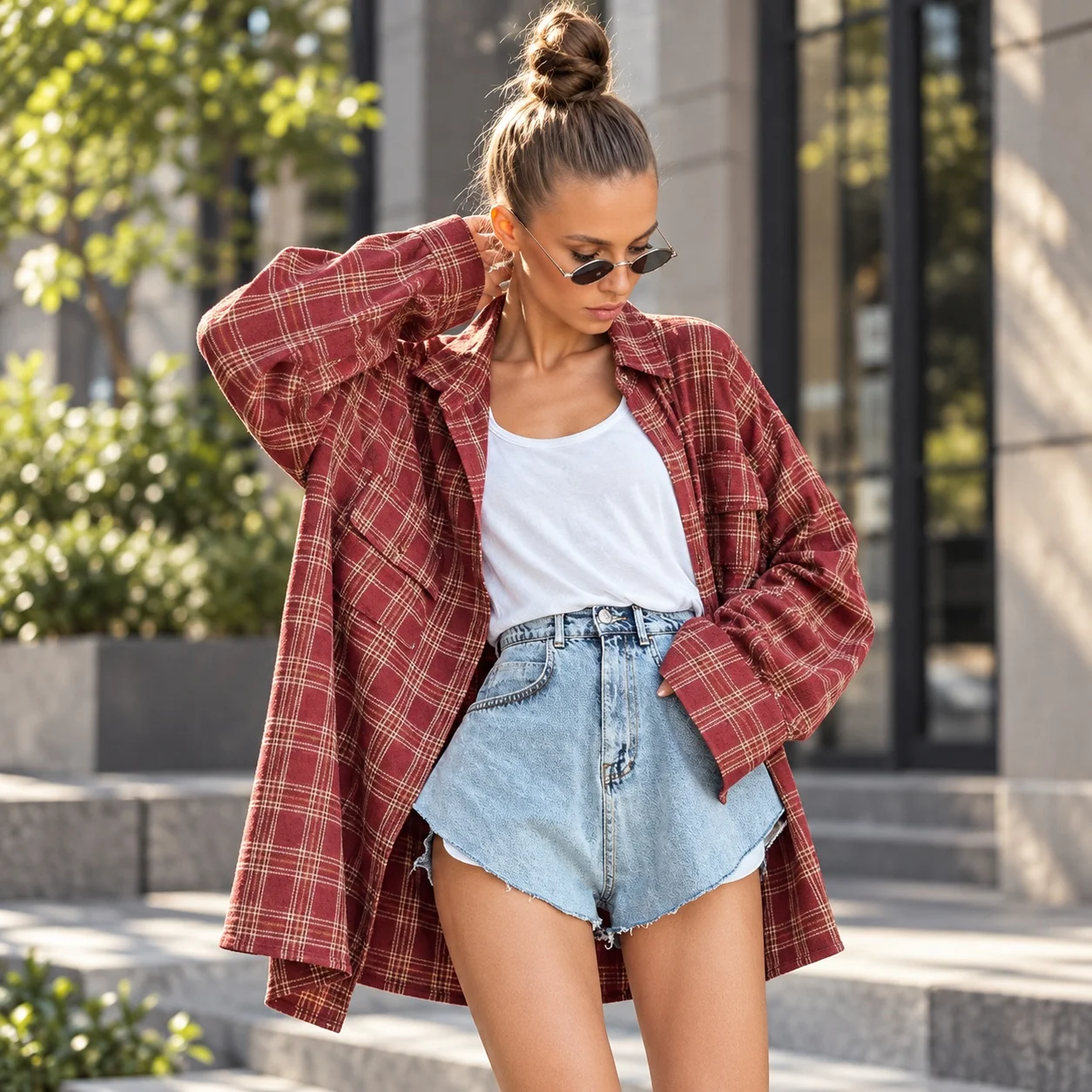 Loose Fit Plaid Shirt Long Length Commuter Style with Pocket Detail Drop Shoulder Patchwork Plaid Pattern Autumn Women Blouse