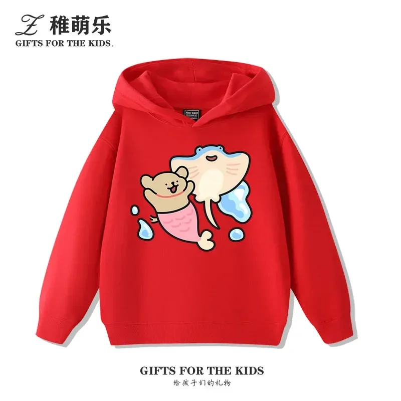 Garçons et filles océan tueur baleine dessin animé chiot imprimé sweat à capuche enfants automne et hiver mignon tout-match tenue décontracté