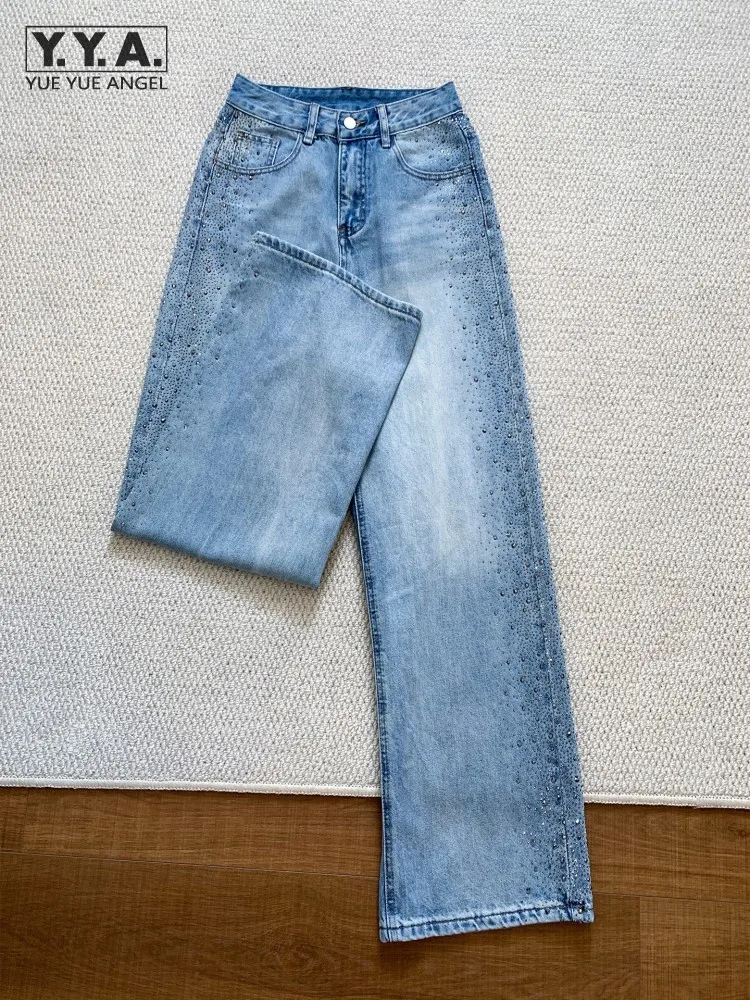 

Повседневные элегантные женские джинсы с бриллиантами на осень-зиму, с высокой талией, свободного кроя, широкие джинсовые брюки, универсальные прямые брюки для женщин