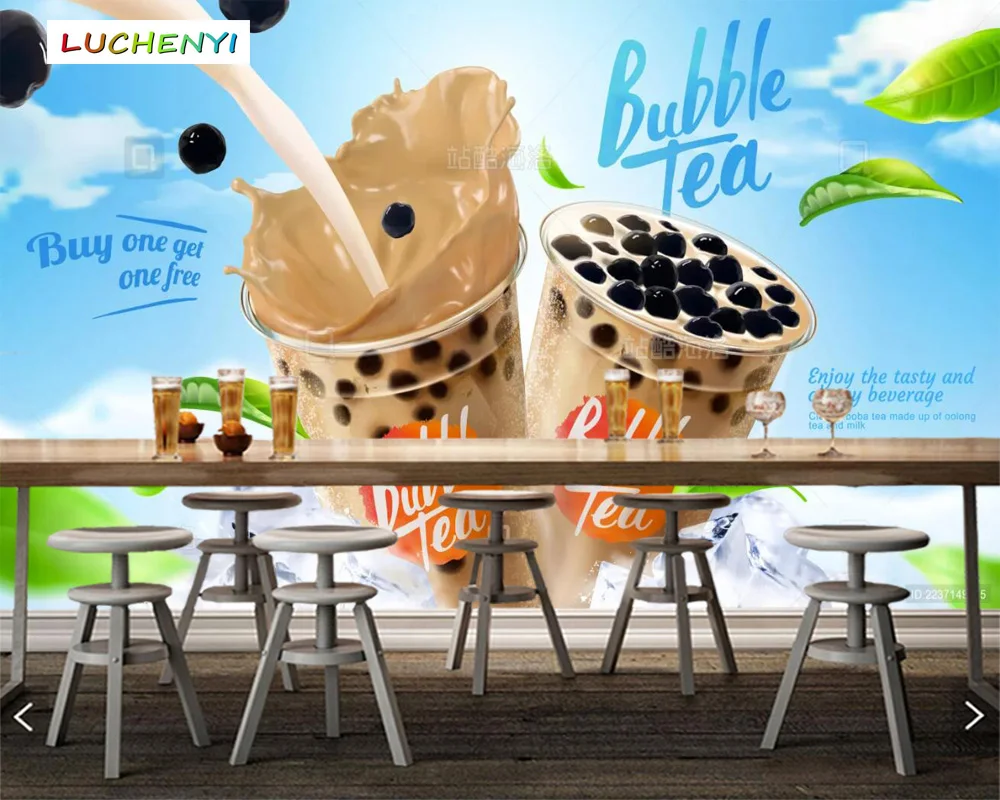 Papel de parede custom bubble tea 3d wallpaper mural, restaurant coffee juice shop dining room wall papers sticker