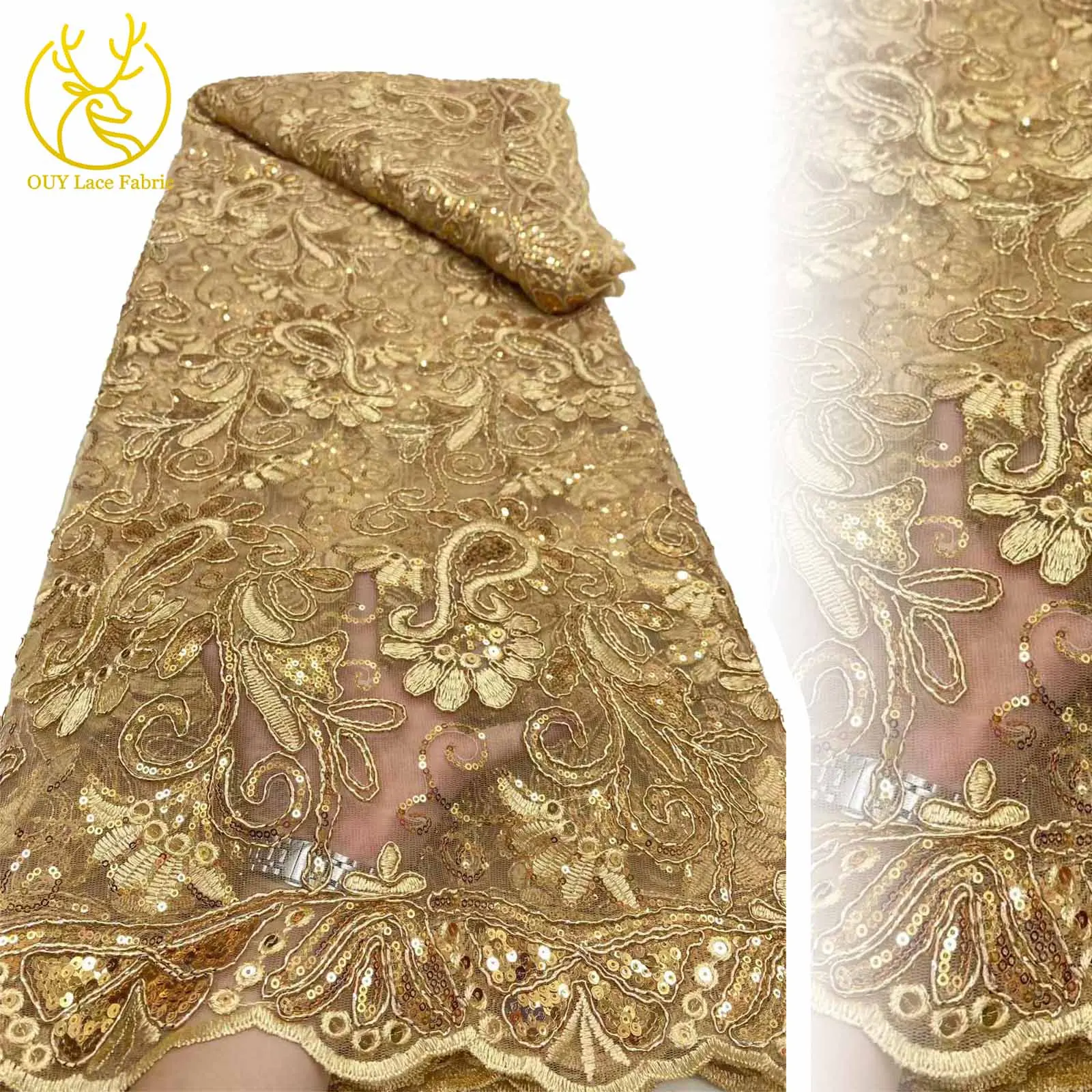 

2025 Золотая роскошная сетчатая кружевная ткань с блестками в африканском стиле, Лидер продаж, роскошная тюлевая ткань с вышивкой для свадебных платьев, 5 ярдов