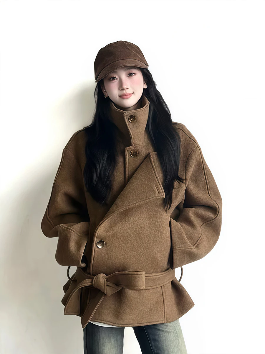 

Корейское шерстяное пальто из тонкой шерсти для женщин, весна-осень-зима, верхняя одежда, воротник-стойка, молодежный стиль, однотонное