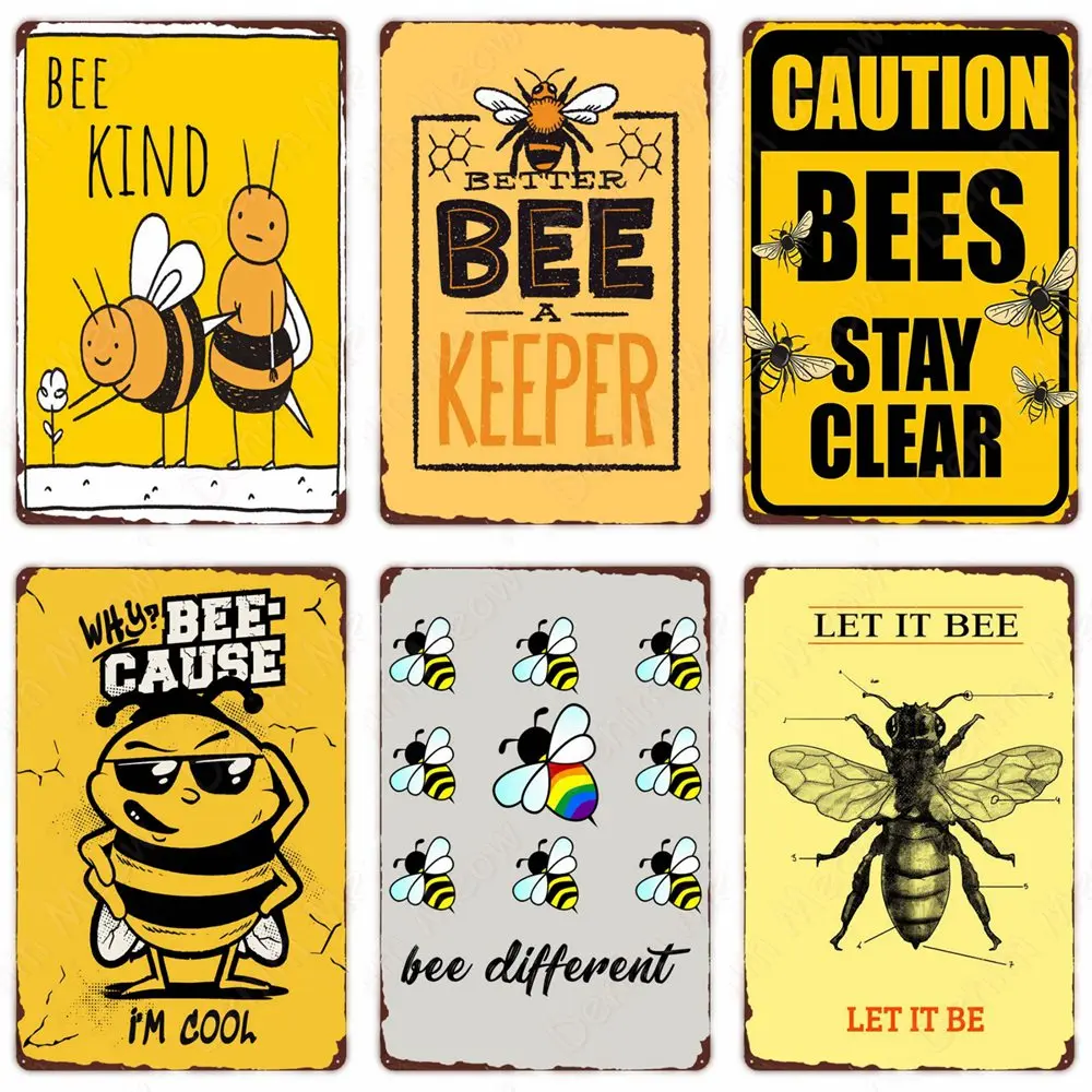 Bee Kind Funny Retro Poster, Bee Happy Vintage Metal Sign, Home Outdoor Wall Decor, Honeybee BeeKeeper, Slogans Art, Tin Plate