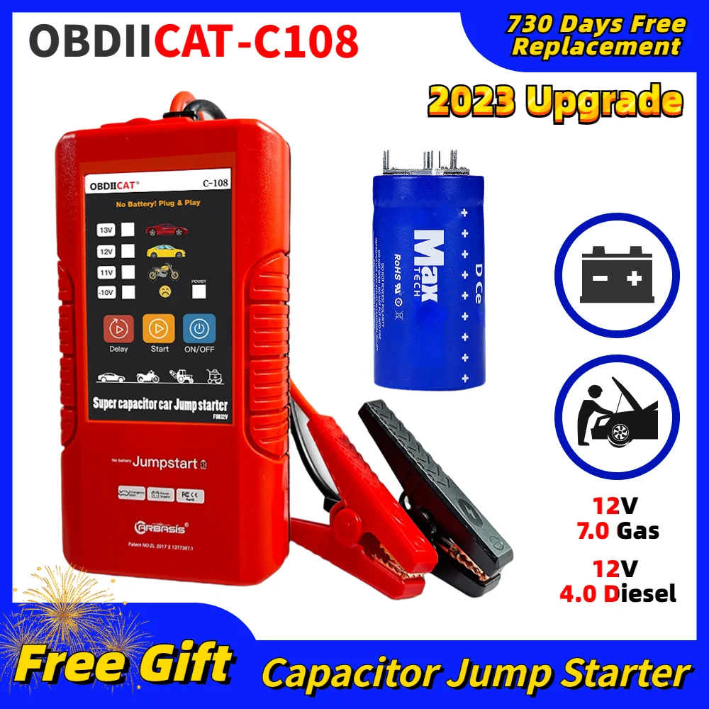 OBDIICAT C-108 Car Jump Starter no battery Capacitor Start Car Power Bank Unlimited Use C108 starter Battery Power For Petrol