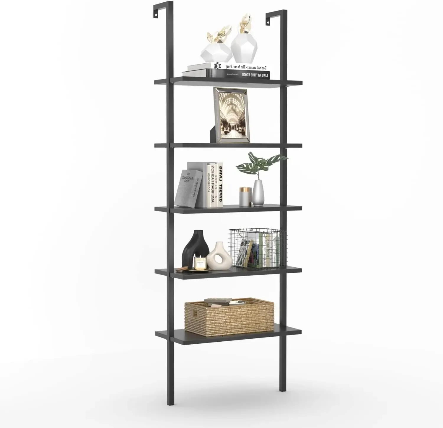 5-Tier Bookshelf, Wall Mount Ladder Shelf with Wood Board and Industrial Metal Frame, for Home Office, Living Room, Bedroom