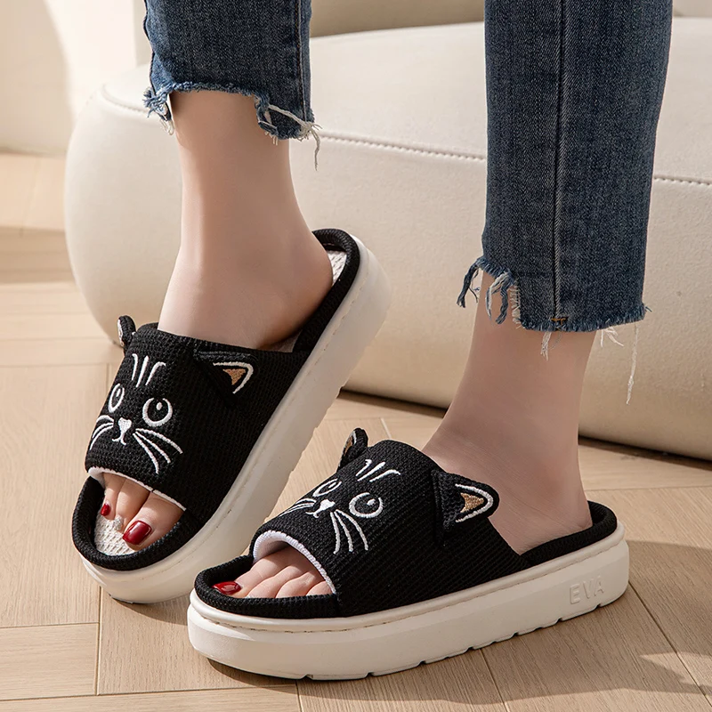 Cat Cartoon Slippers Vertical View - Flat Non-Slip Indoor Slides with Cute Cat Design