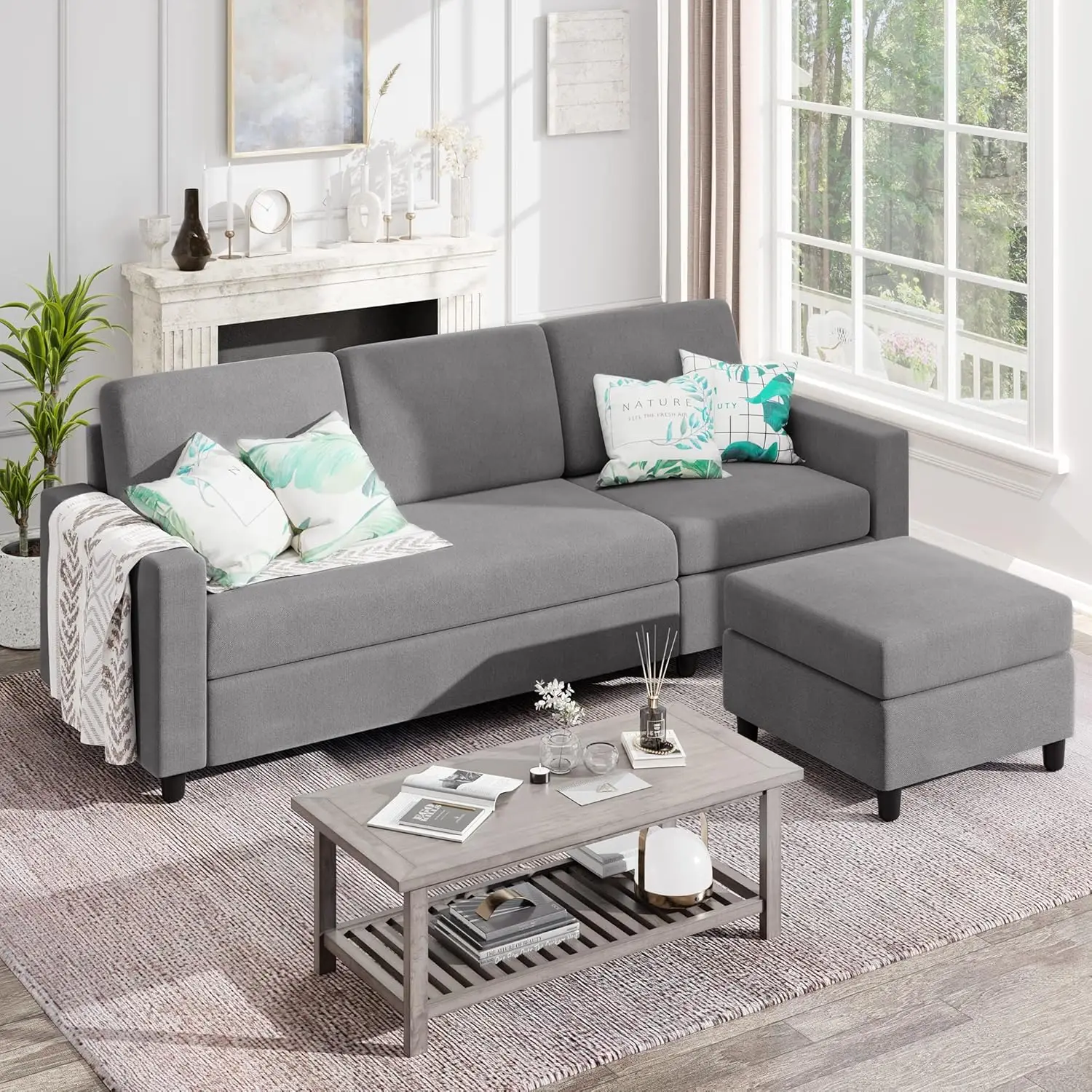 Sectional Sofa Couch,3 Seat L Shaped Couches with Storage Function Ottoman,Modern Linen Convertible Sectionals Sofas with Armres