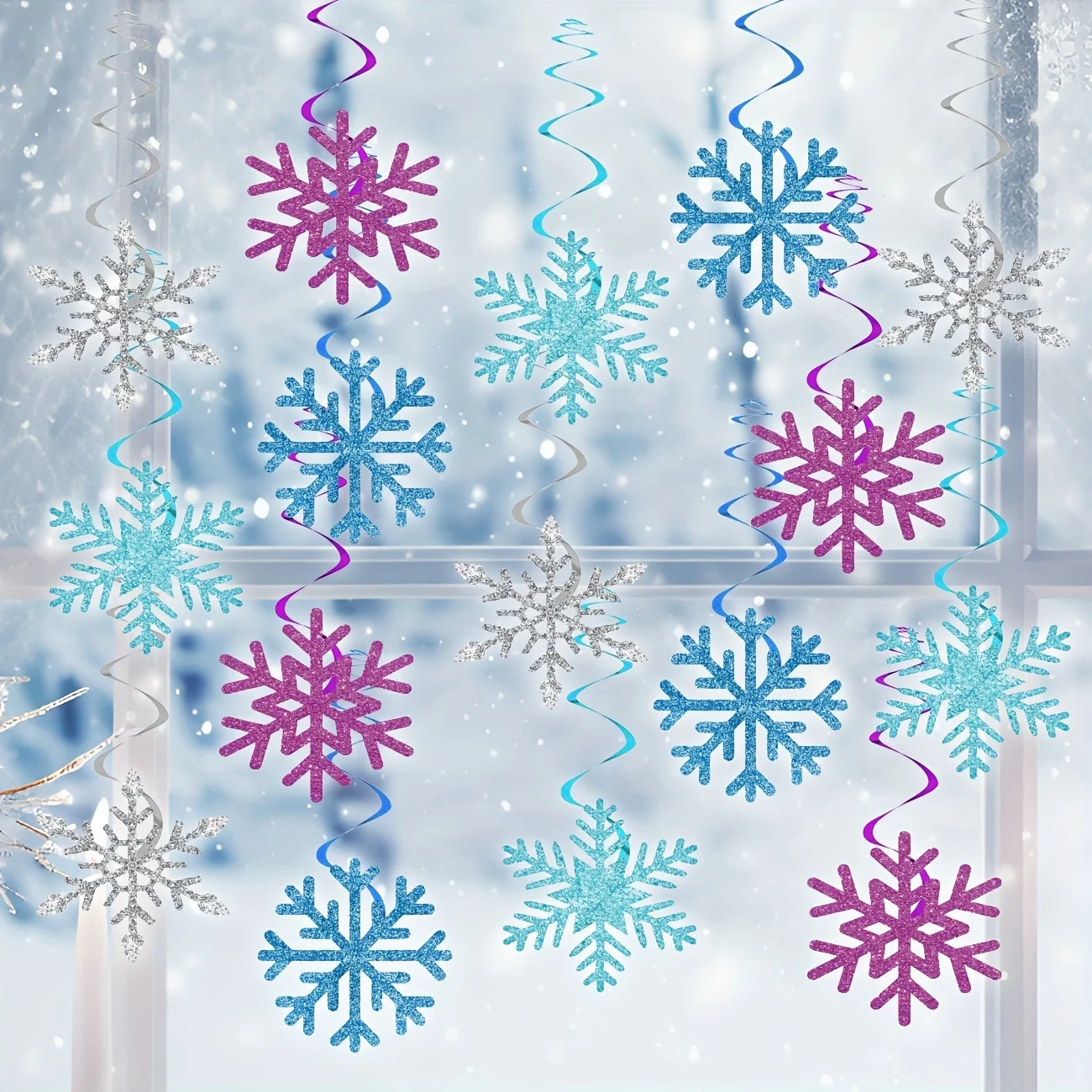 32Pcs Winter Snowflake Hanging Swirls Decorations, Winter Hanging Ceiling Streamers Purple Blue White Snowflakes Garland for