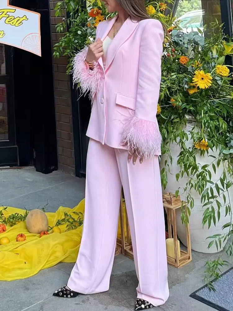 HH – ensemble rose à col rabattu pour femmes, manches longues, Blazer en plumes à simple boutonnage + pantalon Long taille haute avec poches et fermeture éclair