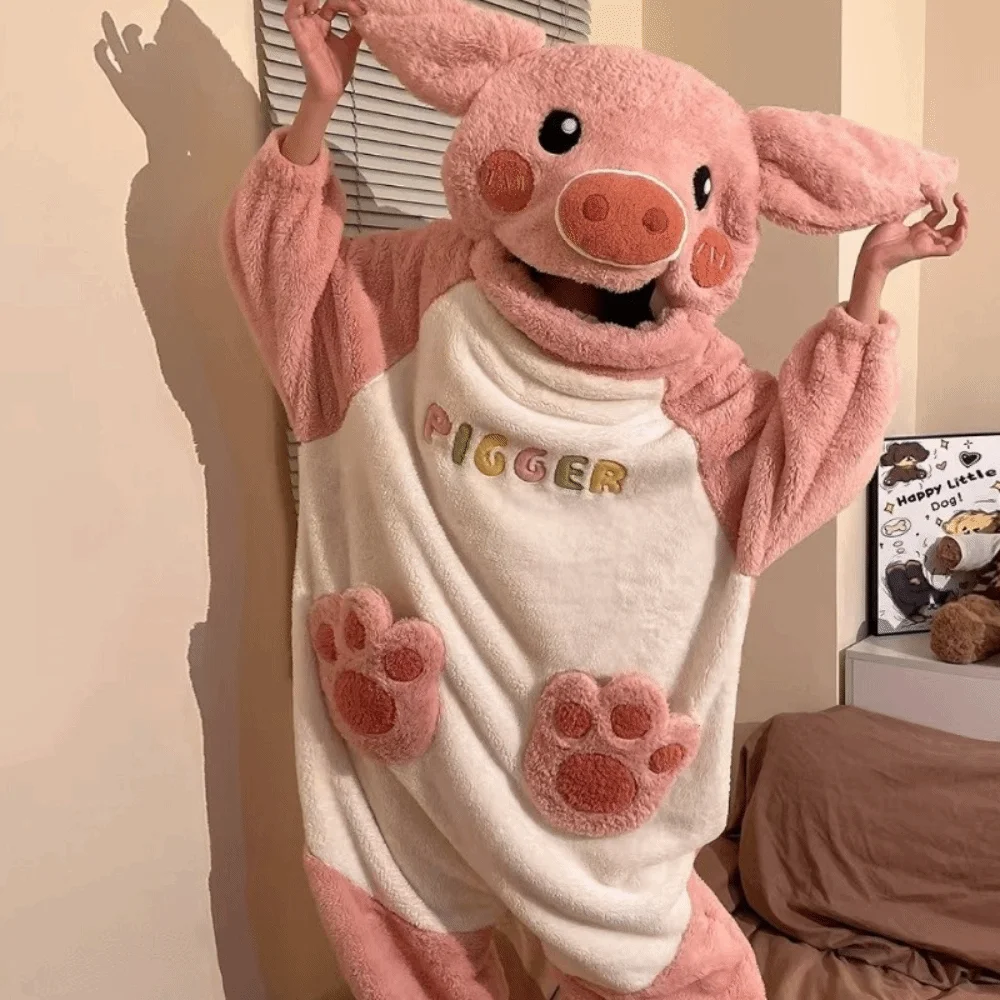 Cute Warm Pumpkin Integrated Pajamas Funny Frog Soft Cartoon Animal Sleepwear Pig Fluffy Cosplay Costume Winter