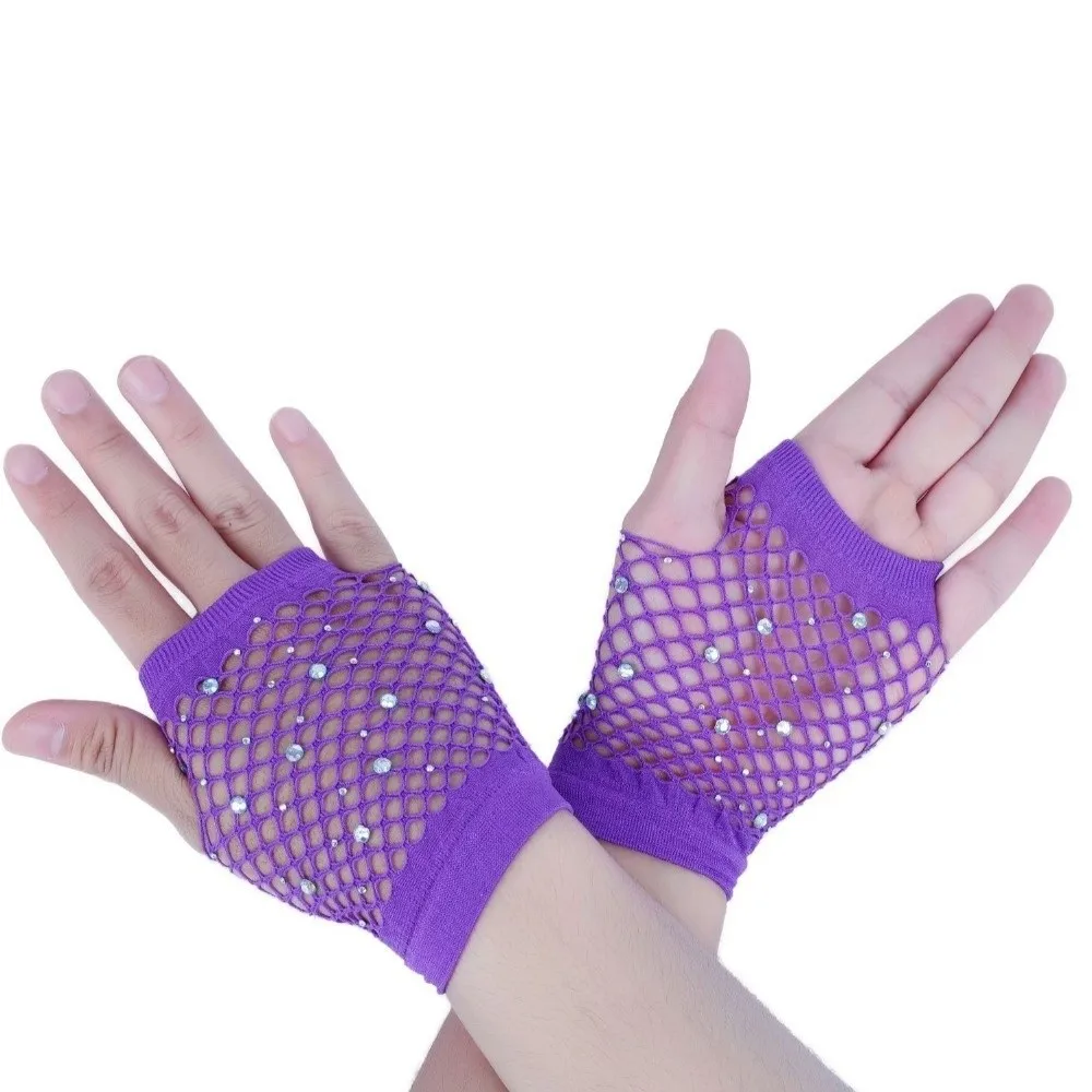Fashion Elastic Rhinestone Gloves Shiny Black White Mesh Lace Gloves Gothic Style Punk Fishnet Fingerless Gloves Party Wear