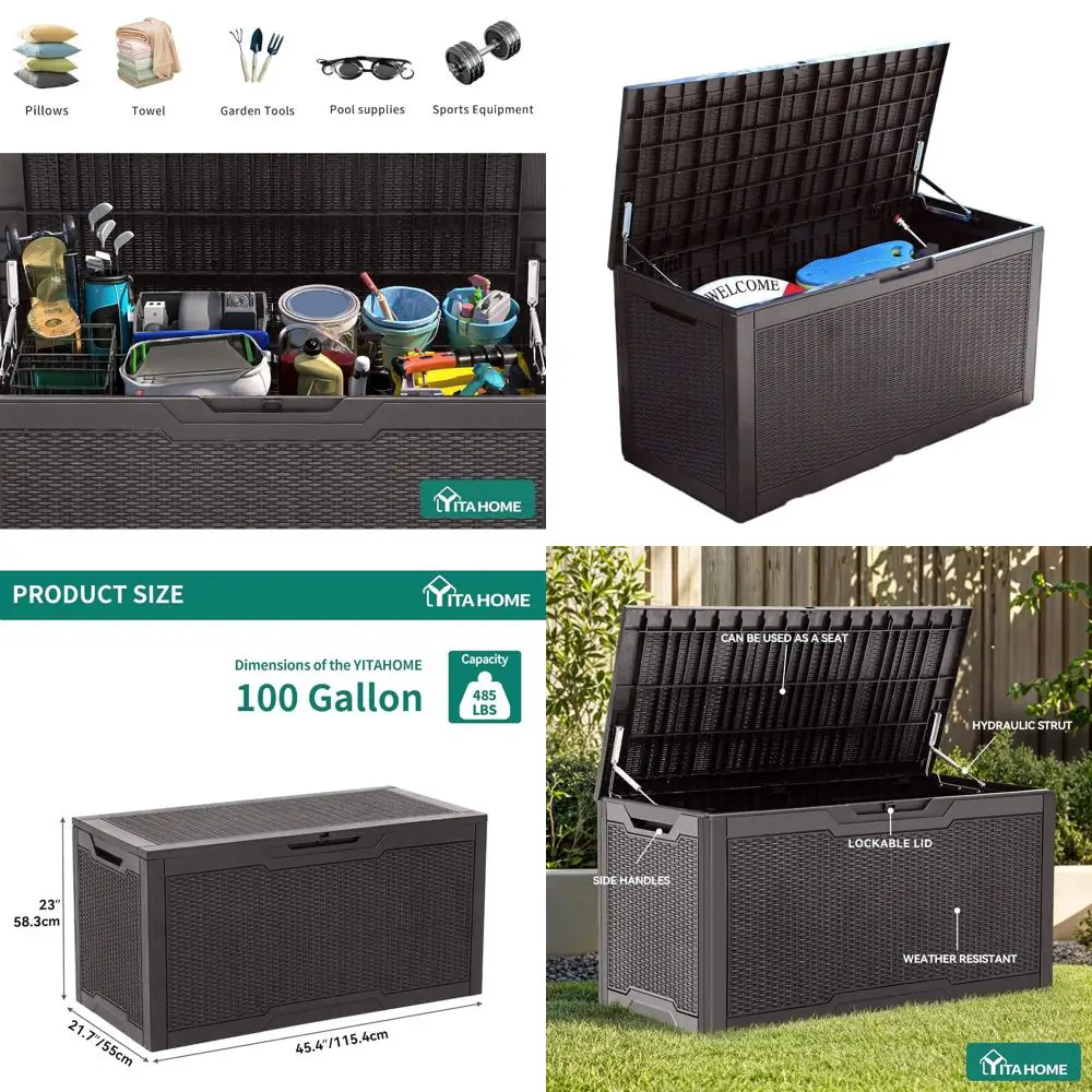 

Ящик для хранения на террасе объемом 100 галлонов, всепогодный, для садовой мебели, подушек, садовых инструментов, запираемый, из полимерного материала