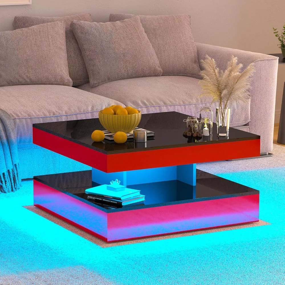 Coffee Table, LED with Lighting, 30.7”, Square Center Table, High Gloss, for Tight Spaces, 2 Tier Design, Cocktail Table