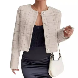 New Women's Plaid Button Front Coat Elegant Crew Neck Long Sleeve Jacket Lined