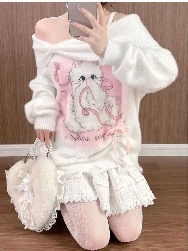 Asymmetry Off Shoulder White Knitted Blouse Sweet Cute Pink Kitten Cat Printed Cartoon Sweater Shirts Winter Thick Warm Clothes
