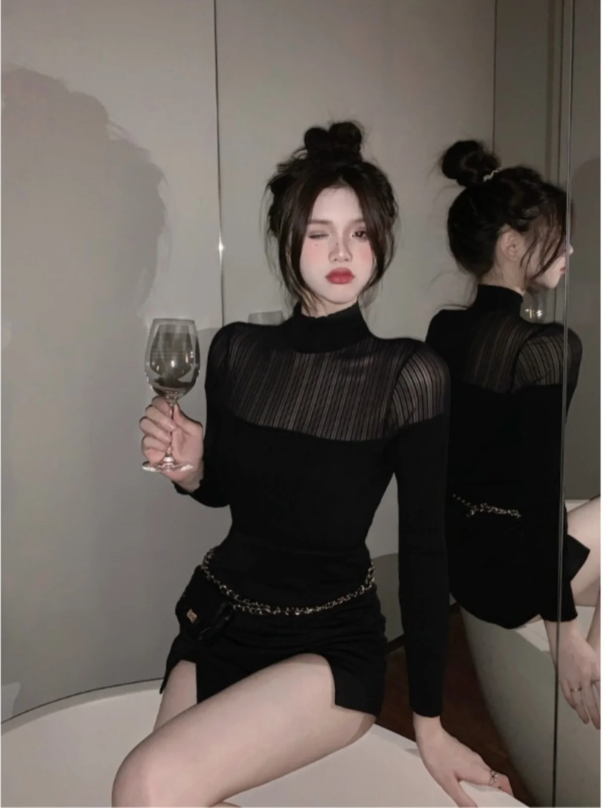 Slim Fit Long Sve Base de punto irt Mujer Primavera Verano Diseño Sense Sexy f Cuello alto Me Patchwork Top
