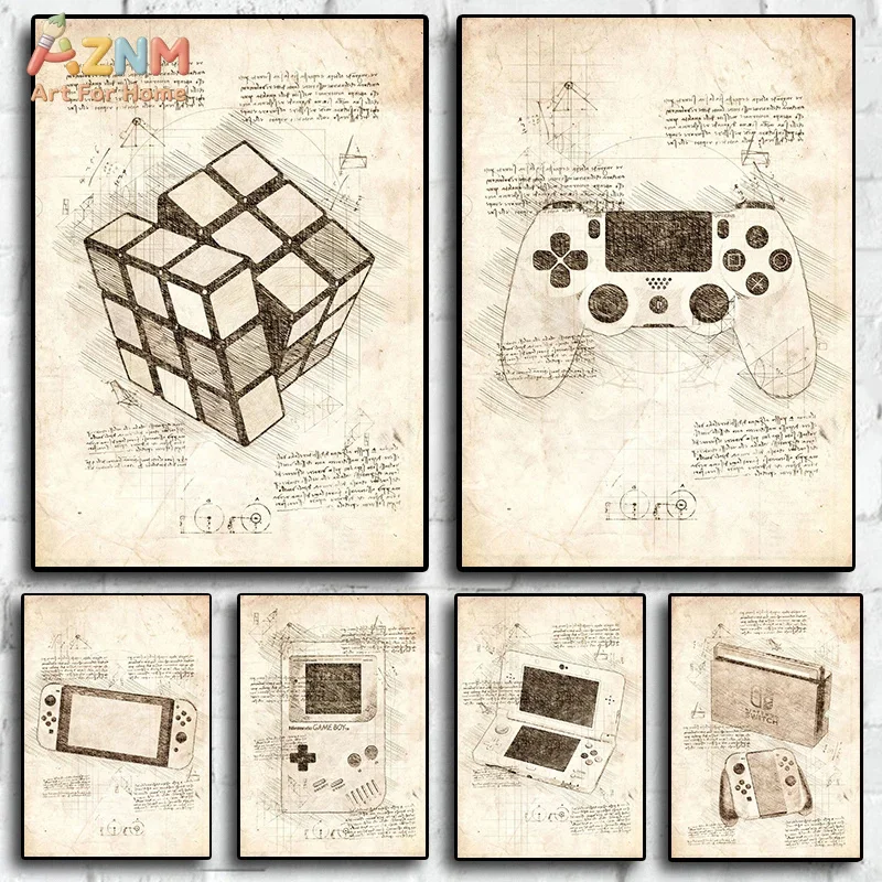 AZNM Vintage Blueprint Gaming Canvas Wall Art Prints Rubik's Cube Controller Game Console Sketch Art Retro Gaming Room Decor Pos