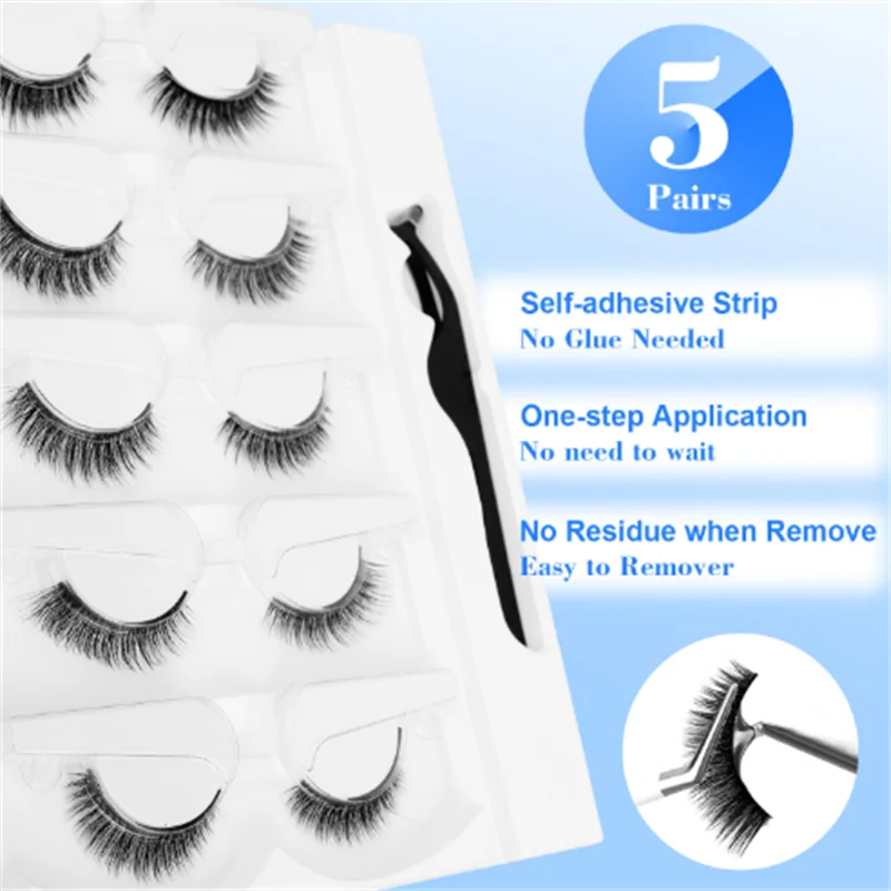 5 أزواج من الرموش الصناعية الخالية من الغراء للمبتدئين مع شرائط لاصقة حساسة لدرجة الحرارة، مجموعة رموش وهمية سهلة الاستخدام