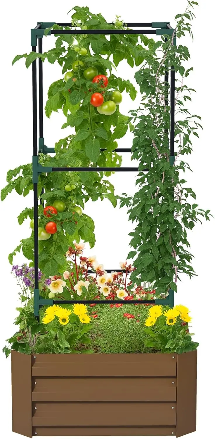 

Galvanized Raised Garden Bed, 55" Tall Outdoor Planter Box with Trellis Tomato Cage and Open Bottom for Climbing Vines, Vegetabl
