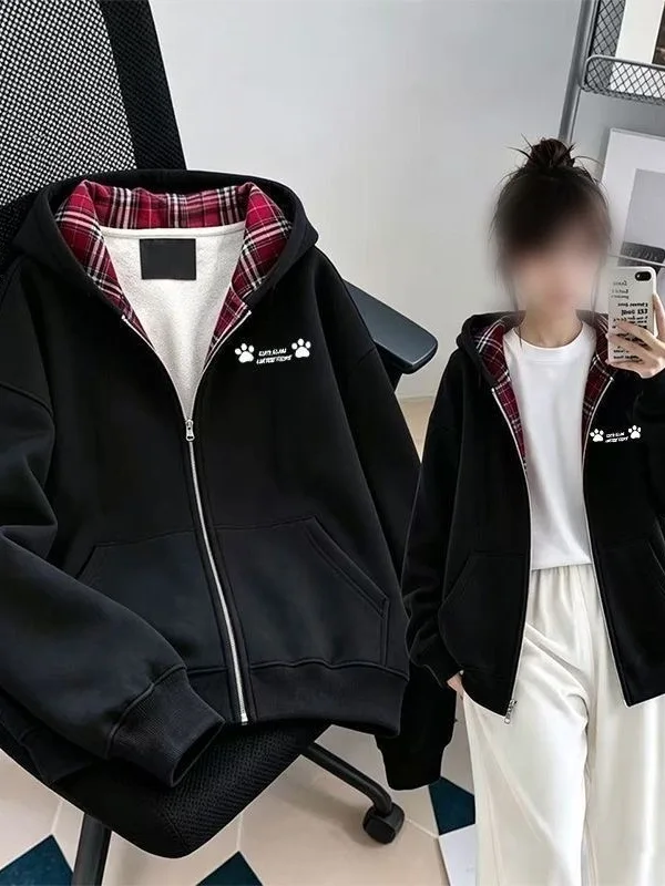 Women's Hooded Plaid Patchwork Fleece Lined Casual Jacket Autumn Winter New Style Open Cardigan Versatile Age Reduction Outer...