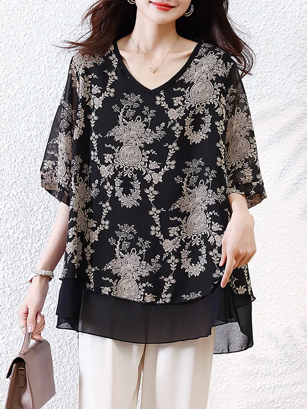 

Retro Print Chiffon Splice Double Layer Ice Sensation T-irt Loose Casual ort Sve V-Ne Women's plus Size Summer Top
