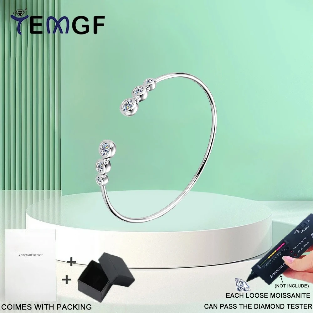 

TEMGF Simple 925 Silver Open End Bangle D Color Moissanite Inlay Bracelets for Women Luxury Charm Fine Jewelry GRA Certification
