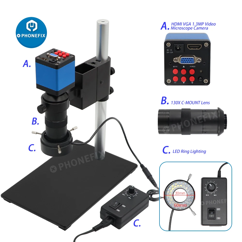 HDMI 13MP 1080P 60F/S Microscope Camera Set VGA HD Industrial Microscopic Camera + 130X C Mount Lens + 40 LED Ring Light