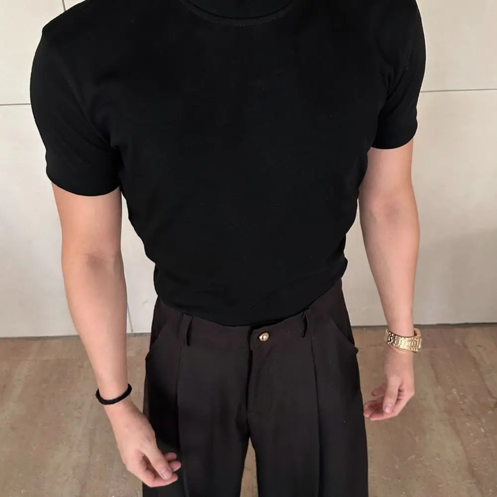 Mens Streetwear Short Sleeve T Shirt Mock Neck Heavyweight Cotton Blend Athletic Gym Workout Tee Casual Solid Top