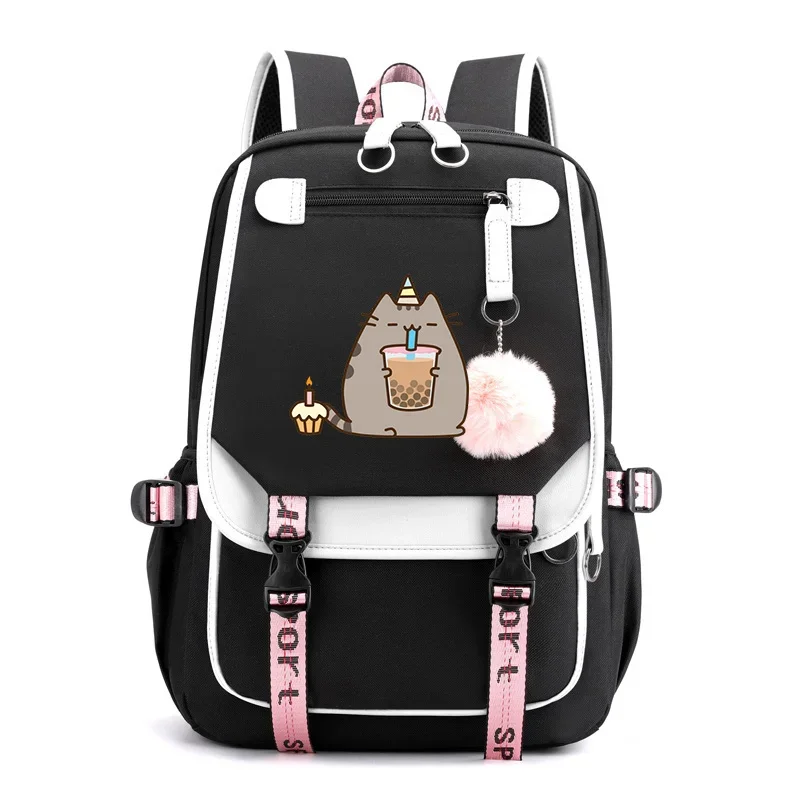 Cute Cat Cartoon Canvas Backpack para Adolescentes, Bebida Leite Chá Bookbag, Laptop Bags, Viagem Mochila, Meninas e Meninos