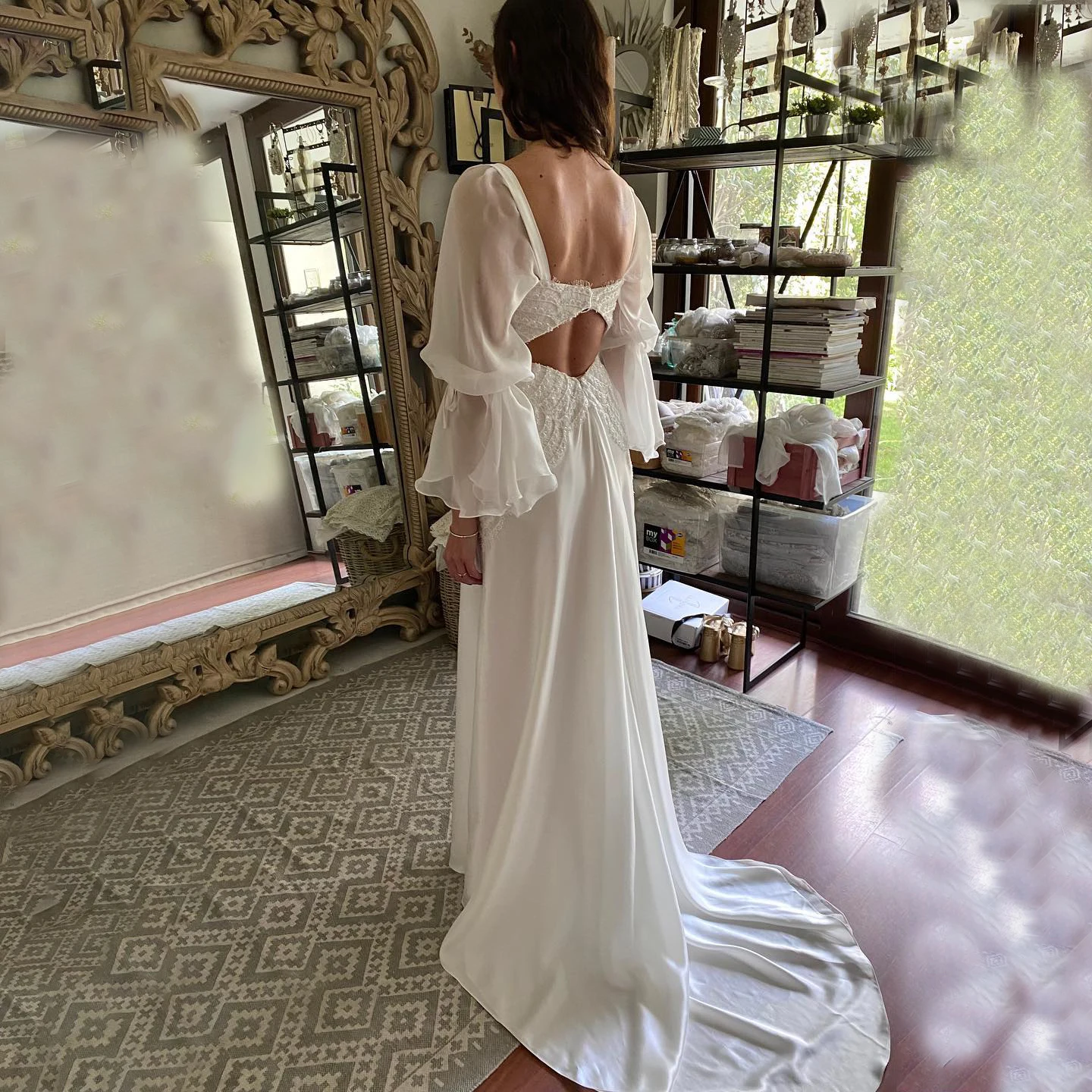 Low Cut Long Sheer Sleeves Lace Boho Outdoor Garden Wedding Dress A Line Chiffon Backless Side Split Flowy Bride Ballgowns