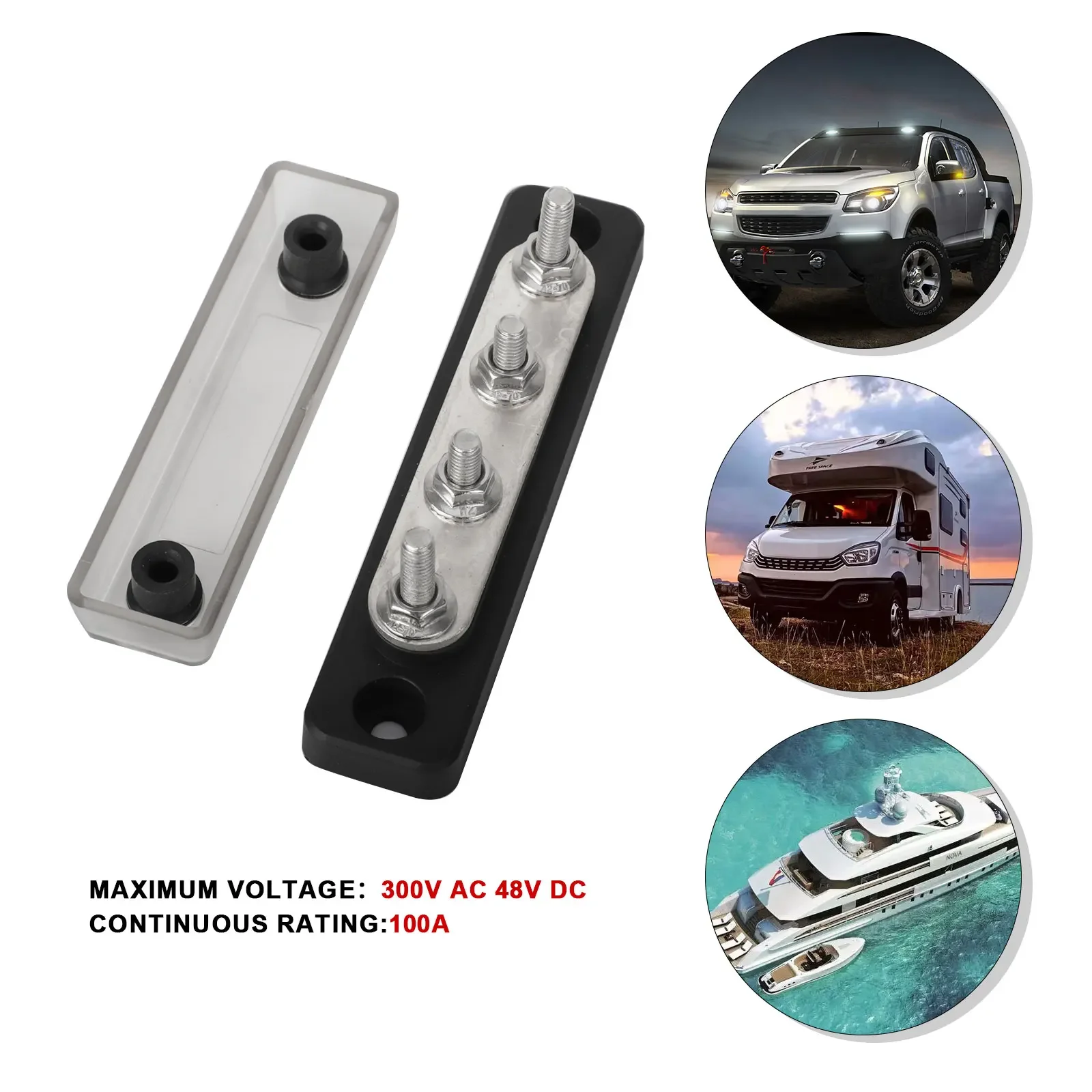 

Car Bus Bar Battery Power Distribution Block 300V AC 48V CD 100A 4 Way M5 Terminal Studs Busbar Powerterminal Block for RV Boat