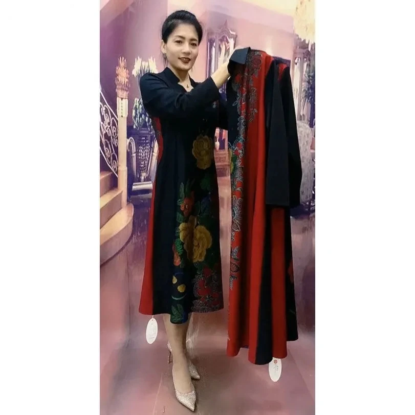 Large Size Dresses Suits Autumn Winter Long Add Velvet Windbreaker Coat And Printed Dress Two Piece Sets Elegant Mother Outfit