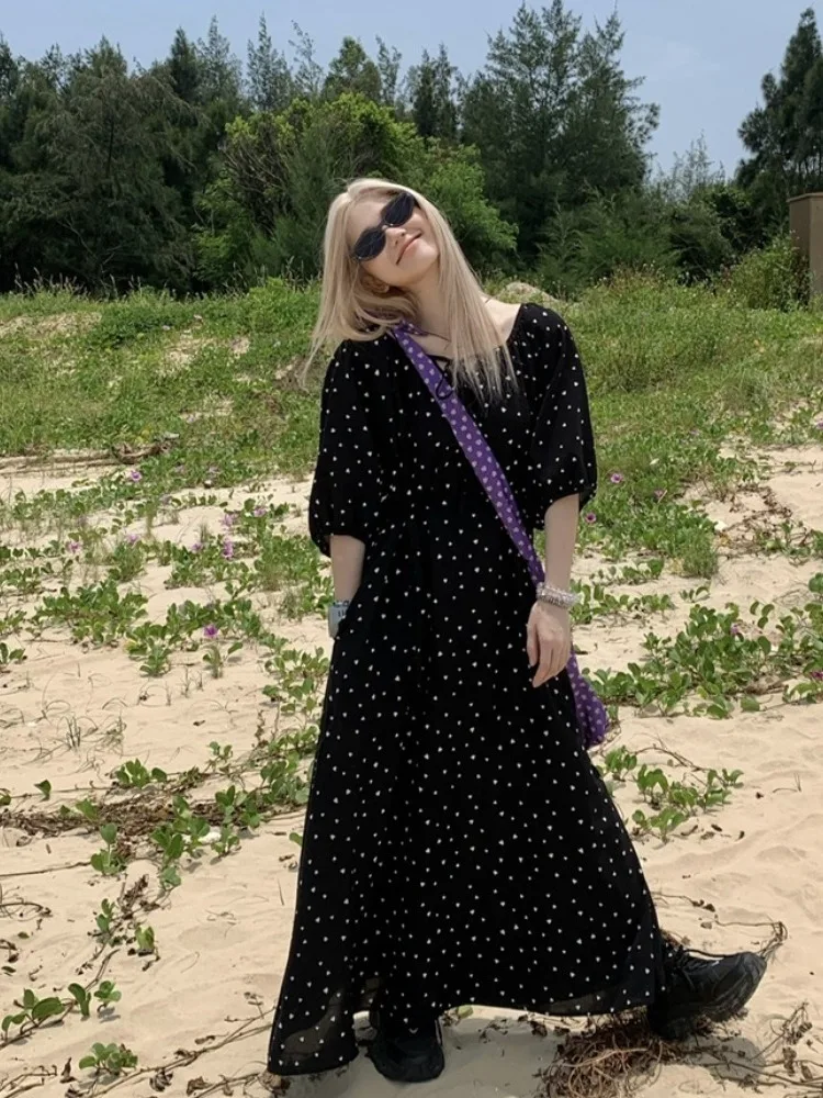 

plus Size Polka Dot Five-Quarter Sleeve Dress Loose Fit Knee-Length Holiday Style Women's Fashion Casual Long Dress