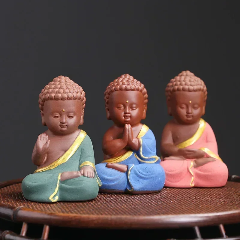 Raw ore purple sand Tathagata Buddha decorative Figure Statue Pure hand color painting sculpture Home bedroom Tea set decoration