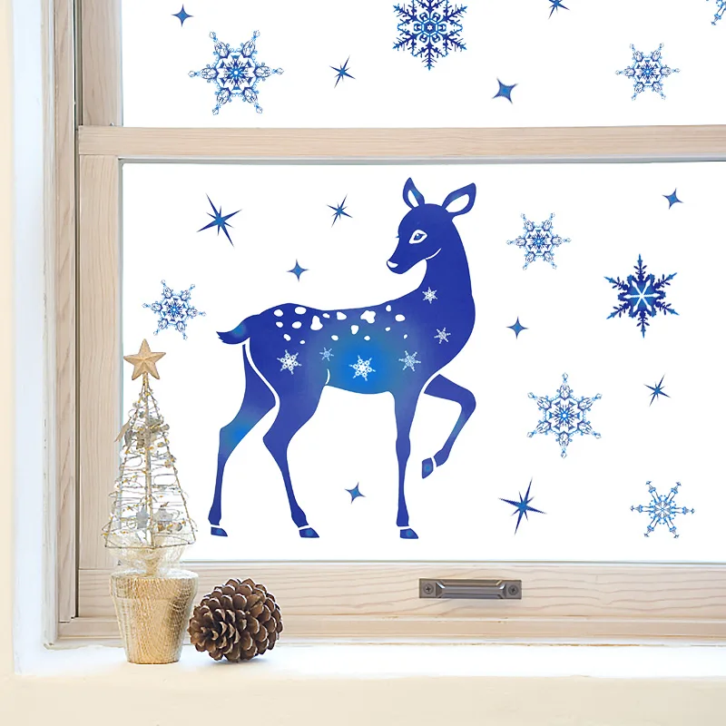 Christmas Window Stickers Blue Deer Elk Snowflakes Glass Window Stickers Merry Christmas Home Decoration Room Bathroom Decor