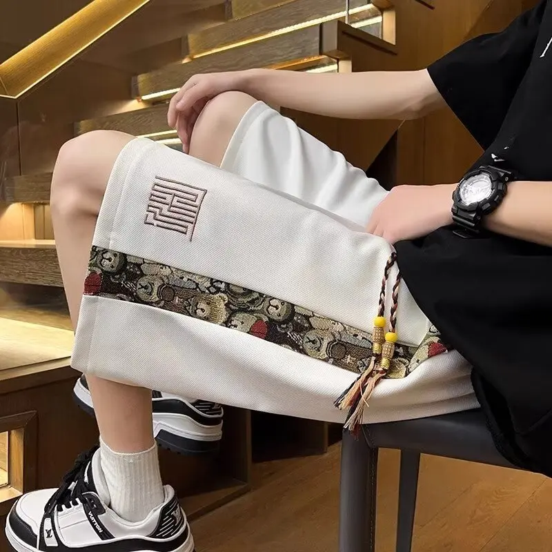 

American Sle Embroidered orts Men's Summer Thin New Trendy Design Loose Large Size Sports Casual Five-Quarter Pants