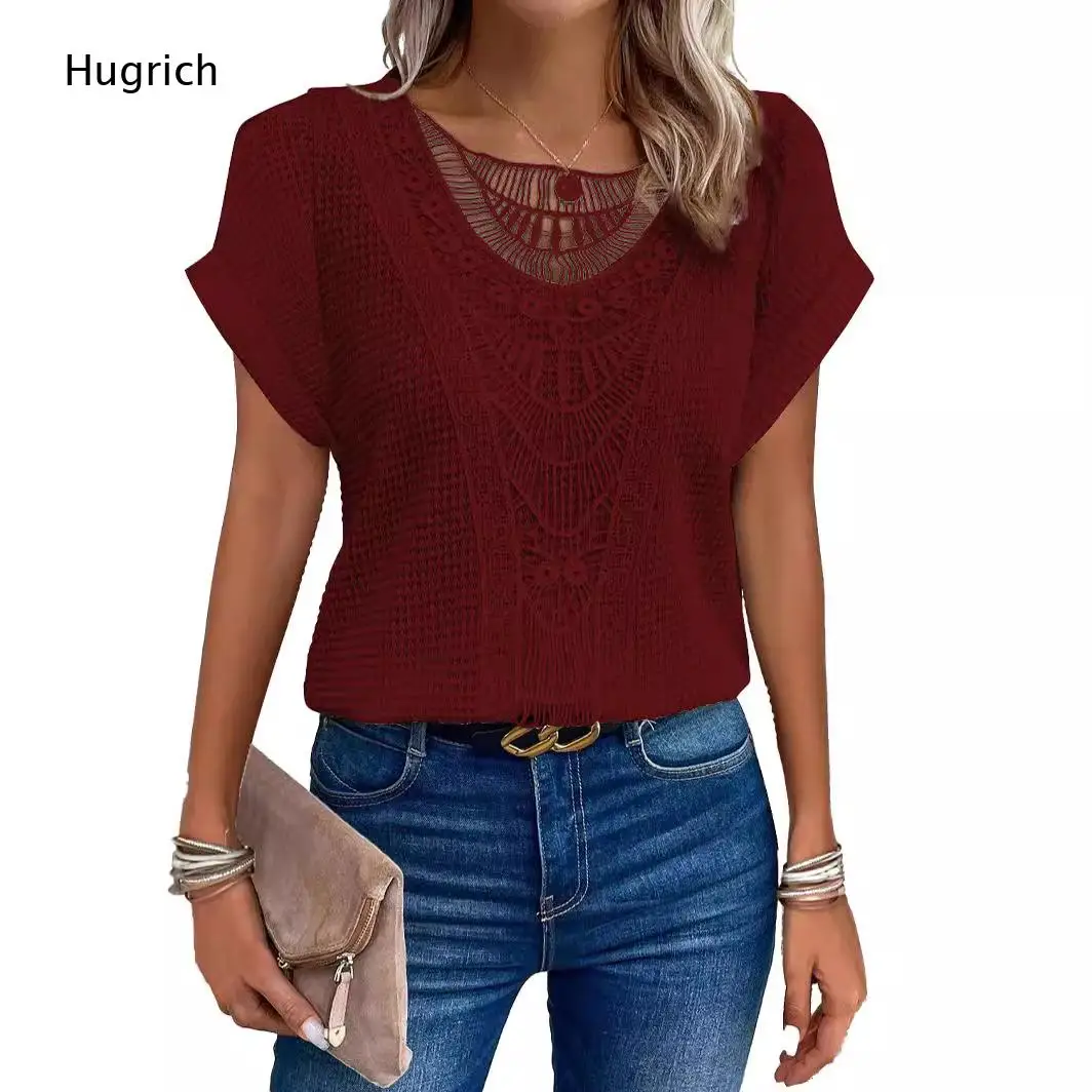 Solid White Crochet Fringe Eyelet Short Sleeve Tee For Women Scoop Neck Roll Cuff Waffle Knit Lightweight Casual Shirt