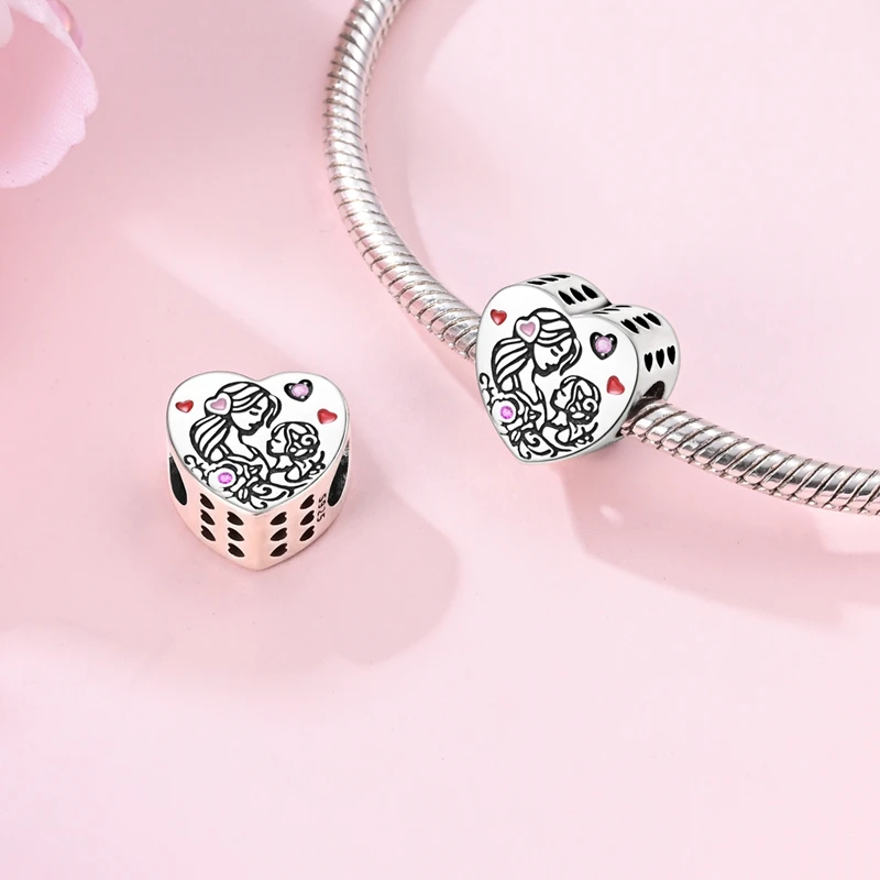 Charms 925 Silver Plated Parent-child Comic Heart-shaped Pendants Fit Charms Original Bracelet Beads Women Jewellery Making