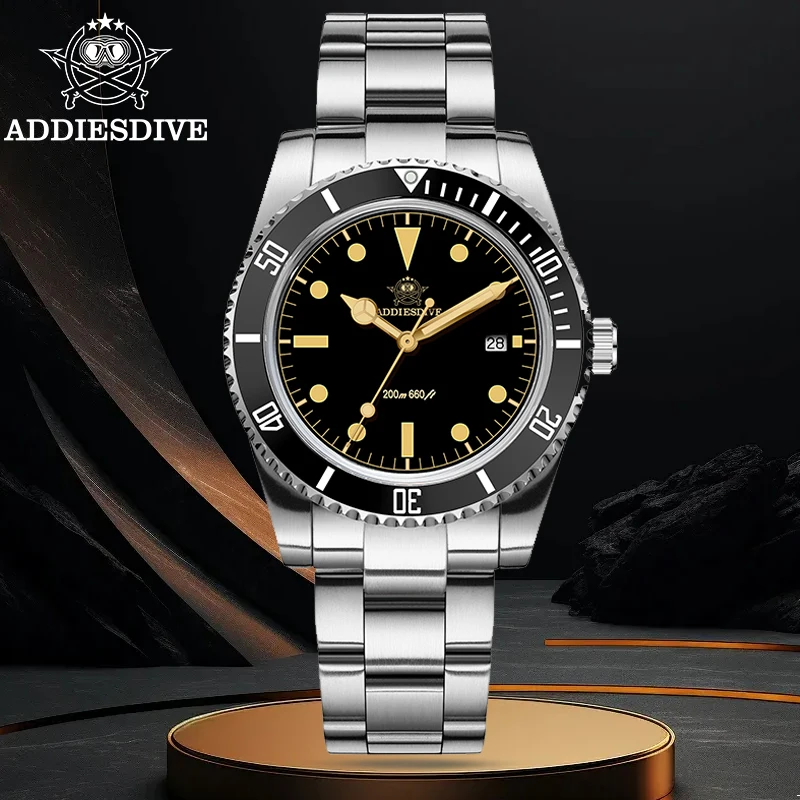 ADDIESDIVE 39mm Men Watch New Quartz Wristwatch Automatic Date Ceramic Bezel Diving 200m Waterproof Luminous Steel Watch AD2072