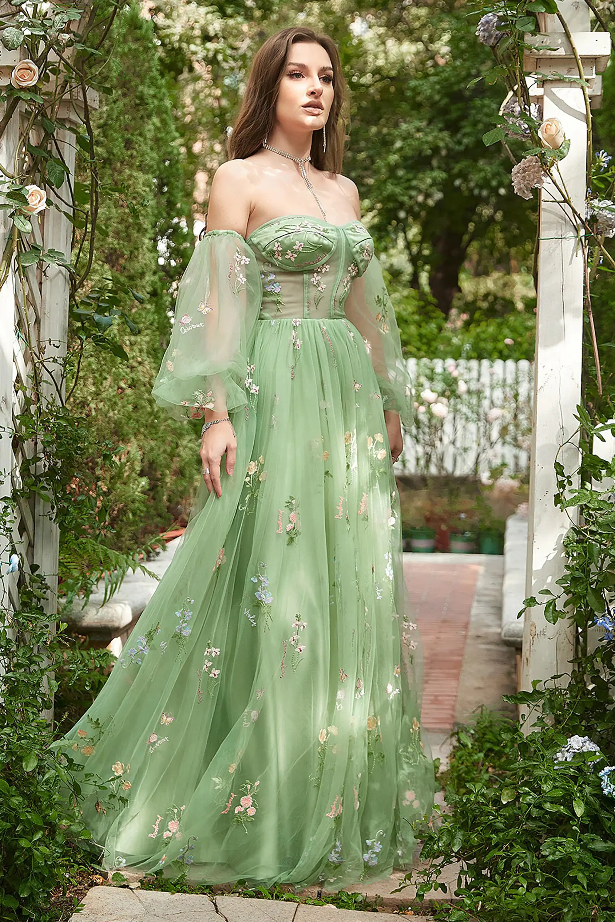 Green Fairy Embroidery Prom Dress Long Sleeve Sweetheart Floor Length A Line Tulle Off-Shoulder Party Sweet 16 Dress Vestidos