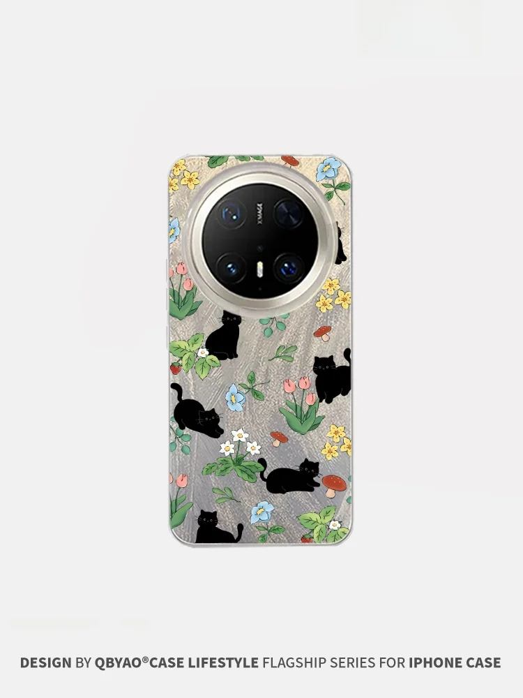 

Jiabeiyao Mate70 pro Phone Case New Model High-End Feathers with Lanyard Flower Black Design Full Cover Trendy Female