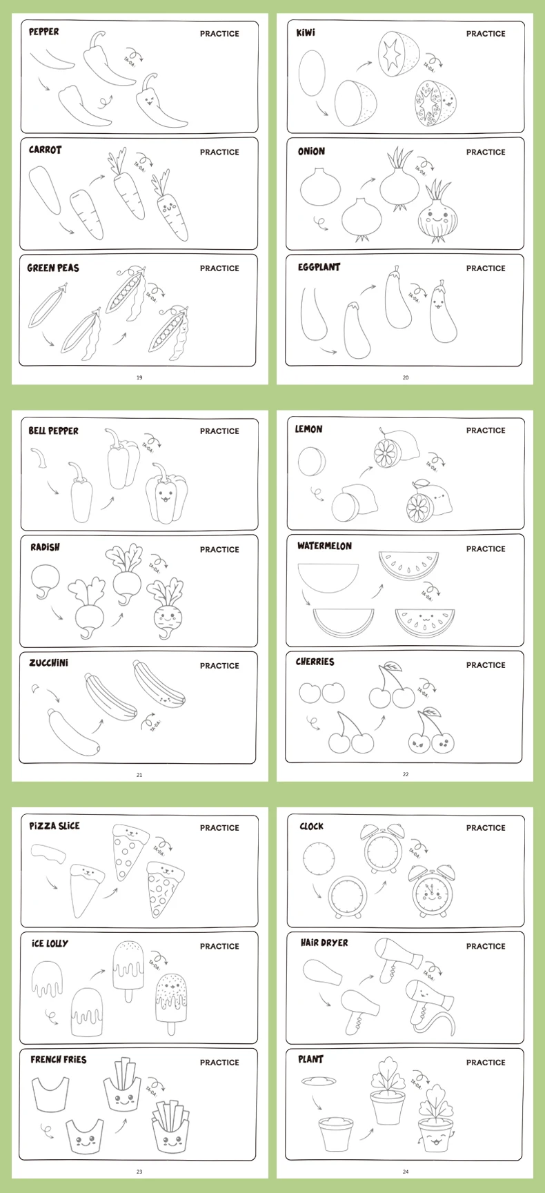Lustiges Aktivitäts-Zeichenbuch, Tiere, Essen, Alltag, Thema, 4 Stufen, um Zeichnen zu erlernen, Malbuch 96 niedliche Muster – Detail 4