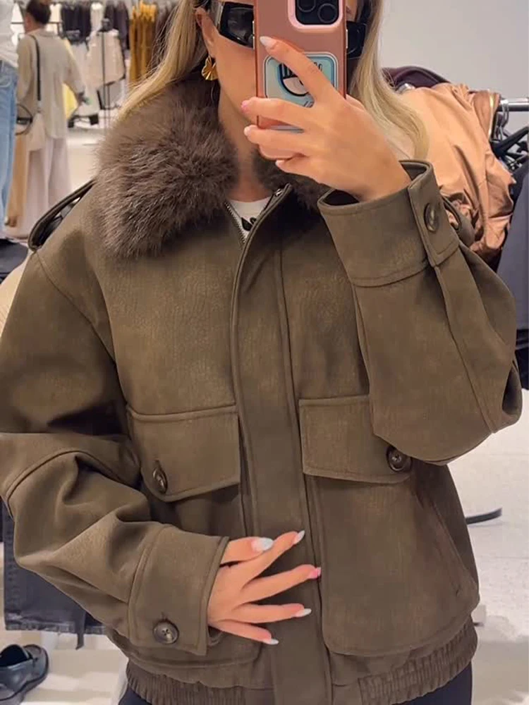 

HH 2025 Fashion Woman Faux Fur Removable Elegant Casual Jacket Women Winter Long Sleeve Lapel Pocket Zipper Buttons Design Coat
