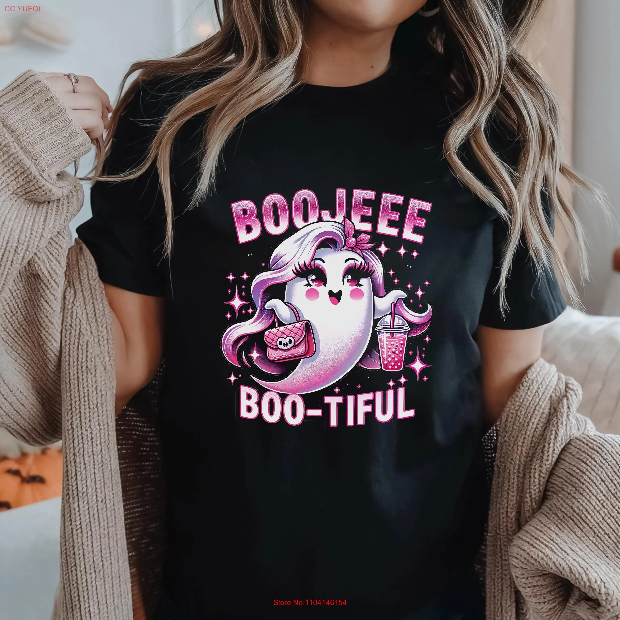 Boo jeee tiful for Women Pink Ghost T Shirt Funny Halloween Cute long or short sleeves