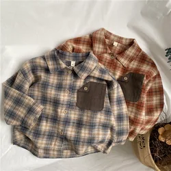 2024 Autumn New Kids retro contrasting color pocket plaid shirt Boys turn-down collar cotton shirts Girls loose casual Tops