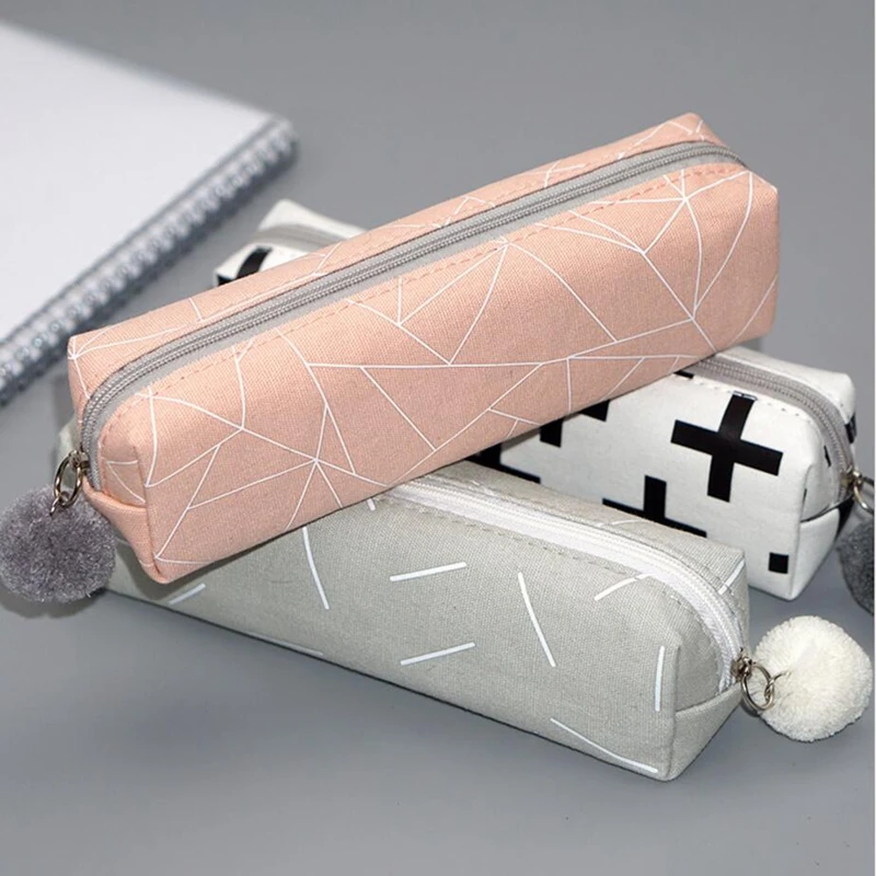 Conciso cor sólida caso de lápis lona kawaii caso lápis para meninas menino escola estudante papelaria hairball lápis saco pencilcase