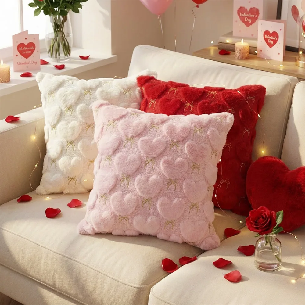 

Sweet Love Hearts Pillow Cover 45x45cm 30x50cm Plush Hearts with Embroidery Golden Bow Red Pink White Home Decor Cushion Cover